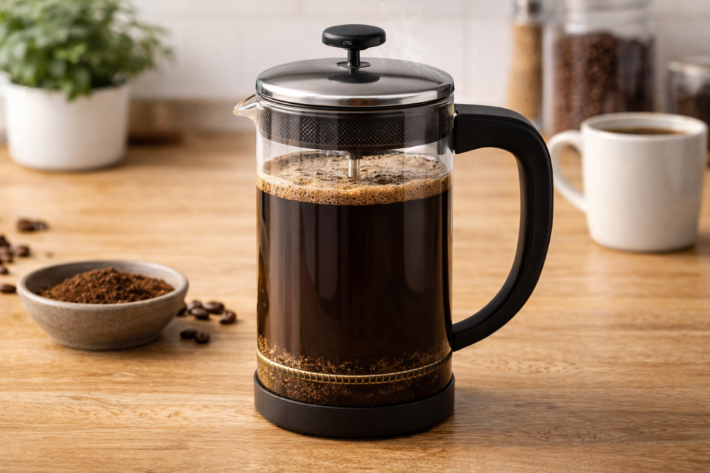 Best Coffee Brewing Methods for Beginners 3 French press with coarse ground coffee brewing showing metal mesh filter and rich coffee