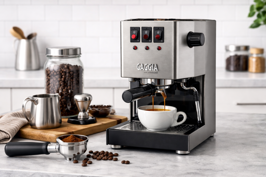 Breville Bambino Plus vs Gaggia Classic Pro: Which Beginner Espresso Machine Is Right for You? 3 Gaggia Classic Pro stainless steel espresso machine on a kitchen counter with portafilter
