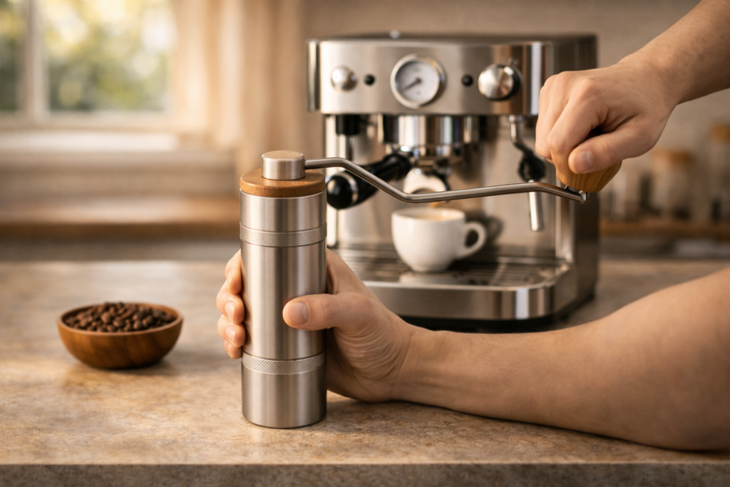 Best Espresso Grinders (2026): The Only Upgrade That Truly Improves Your Espresso 7 Manual coffee grinder on a kitchen table with coffee beans