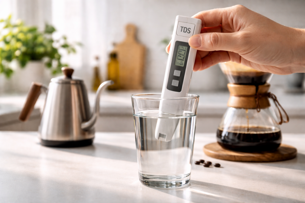 Water Quality for Coffee: How Water Chemistry Affects Flavor (Simple Guide) 2 Hand holding a digital TDS meter above a glass of water used for coffee brewing