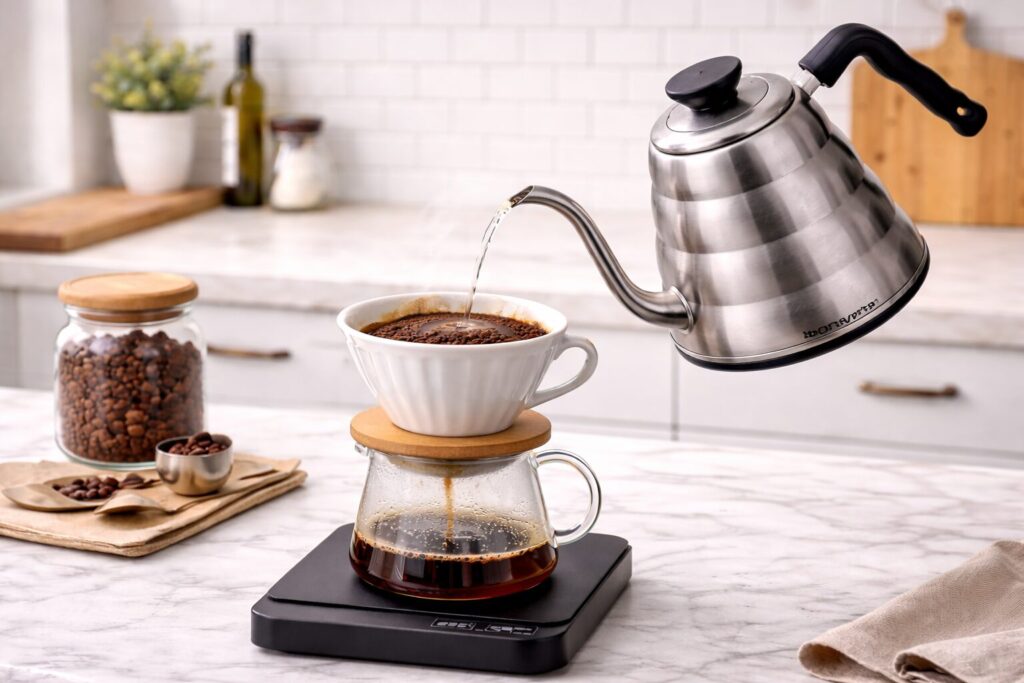 Hario V60 Buono stovetop gooseneck kettle used for controlled pour-over brewing
