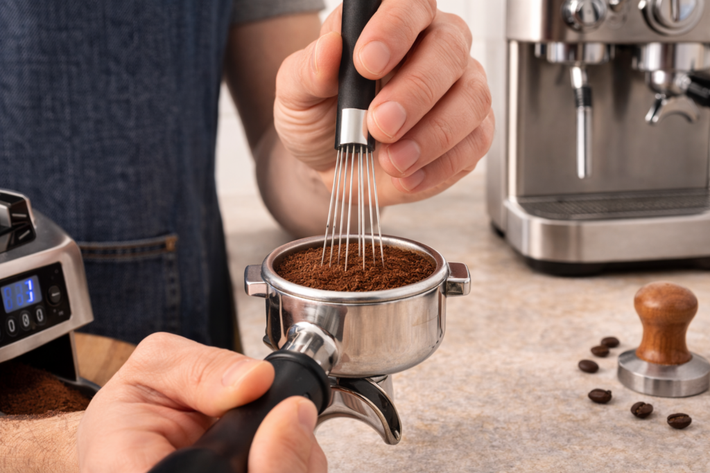 Best Espresso Beans for Home Espresso (2026): Top Picks + Buying Guide 5 Home barista using a WDT tool to distribute espresso grounds evenly in a portafilter basket