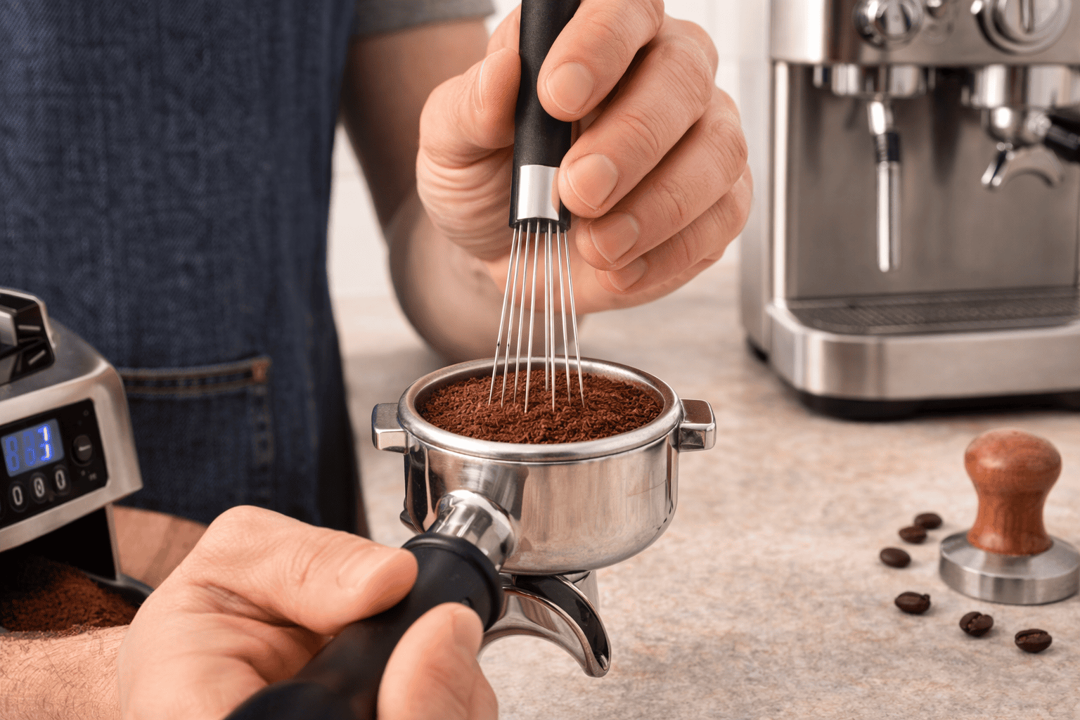 Best espresso accessories: home barista using a WDT tool to distribute grounds in a portafilter