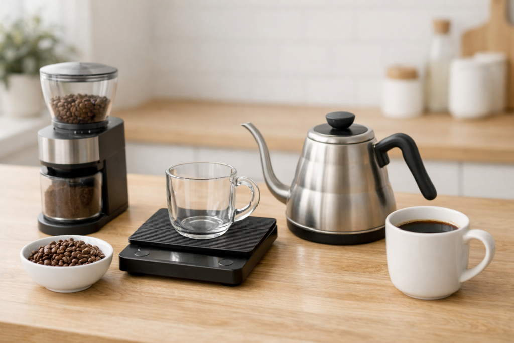 How to Dial In Coffee at Home (Step-by-Step Guide for Better Flavor) 1 Home coffee dialing in setup with burr grinder, digital scale, kettle, and brewed coffee on a kitchen counter