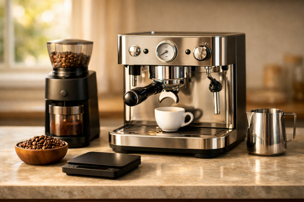 Best Espresso Grinders (2026): The Only Upgrade That Truly Improves Your Espresso 1 Home espresso setup with a burr grinder and espresso machine