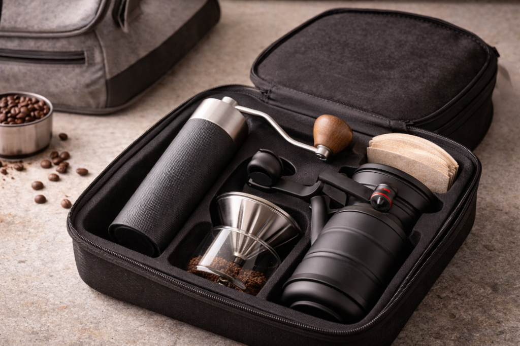 Best Manual Coffee Grinders (2026 Buyer’s Guide) 8 Lightweight manual coffee grinder packed with travel pour-over kit
