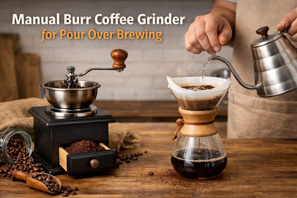 Manual vs Electric Coffee Grinders: Which Is Better for Home Brewing? 2 Manual burr coffee grinder being used for pour over brewing