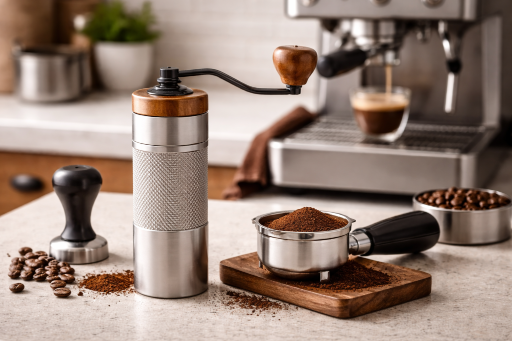Best Manual Coffee Grinders (2026 Buyer’s Guide) 5 Manual coffee grinder for espresso with portafilter and espresso machine in background