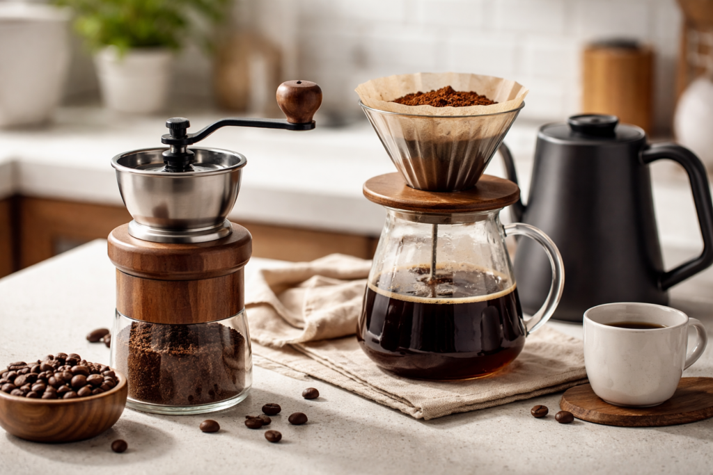 Best Manual Coffee Grinders (2026 Buyer’s Guide) 1 Manual coffee grinder with pour-over coffee setup on kitchen counter