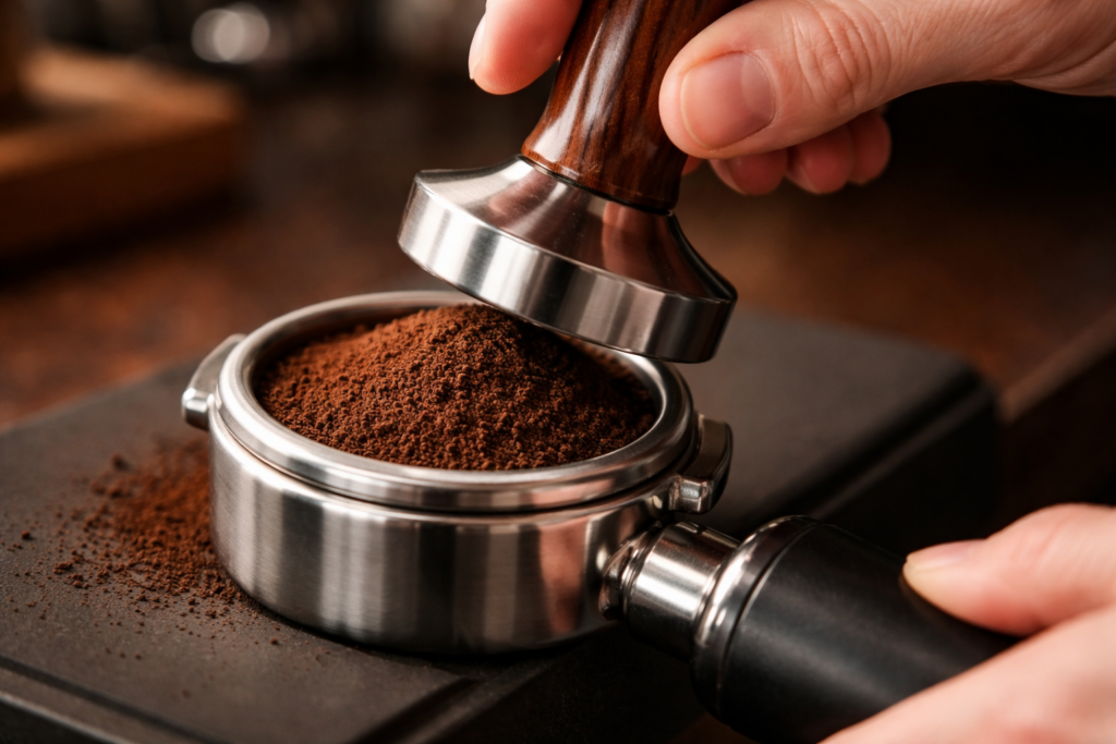 Manual vs Automatic Espresso Machines: A Complete Buyer’s Guide for Home Baristas 2 Manual espresso machine portafilter being tamped before extraction