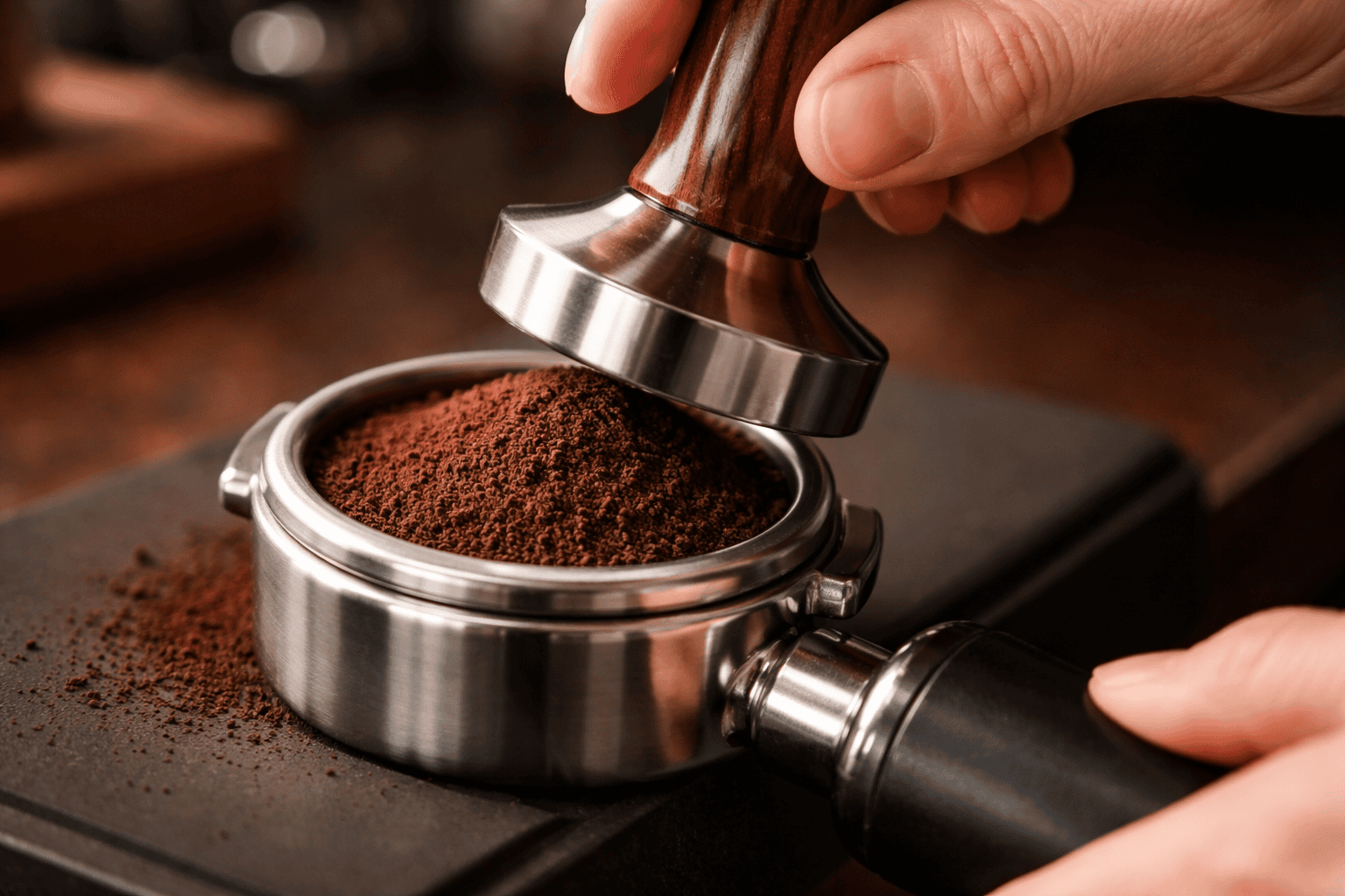 Espresso Machine Types Explained 2 Manual espresso workflow with coffee being tamped in a portafilter