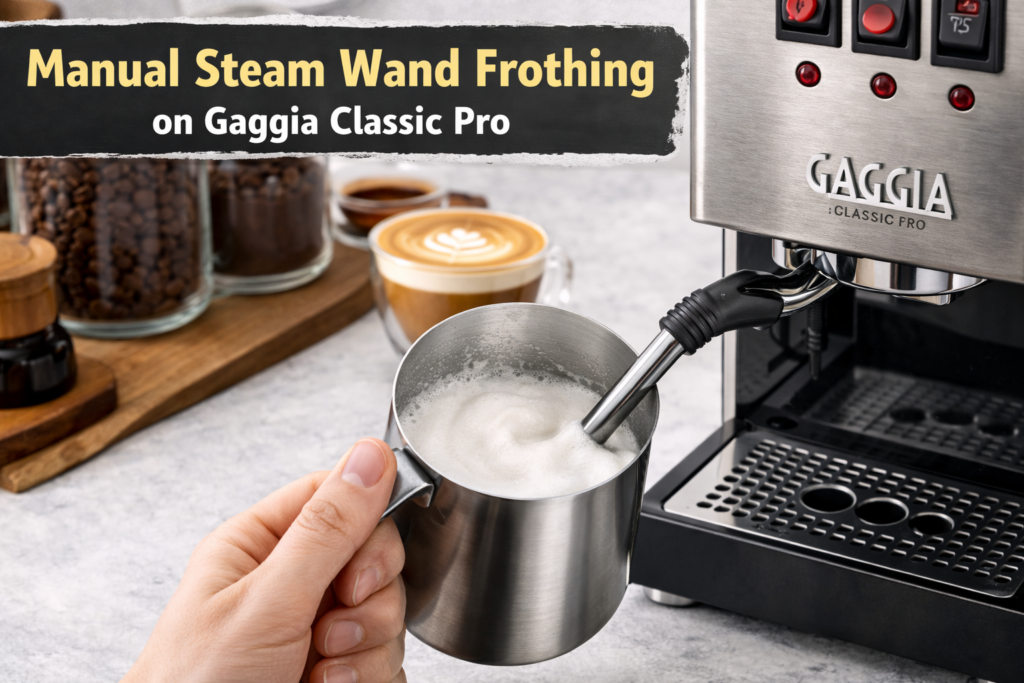 Breville Bambino Plus vs Gaggia Classic Pro: Which Beginner Espresso Machine Is Right for You? 5 Manual steam wand frothing milk on Gaggia Classic Pro with pitcher on a kitchen counter