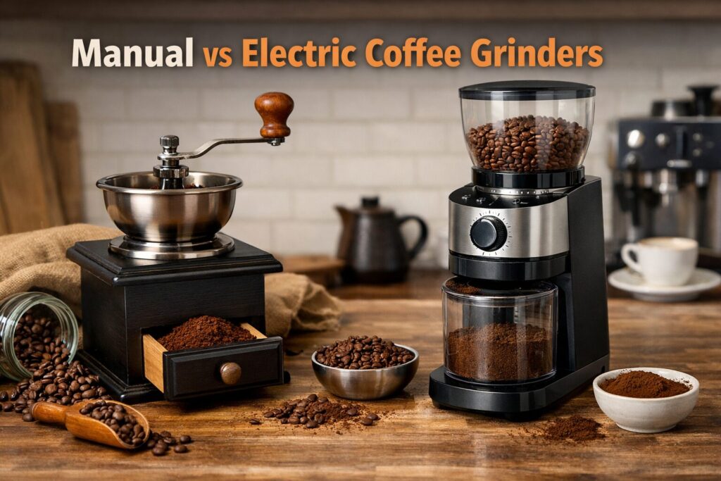 Manual vs Electric Coffee Grinders: Which Is Better for Home Brewing? 1 Manual vs electric coffee grinders comparison on a kitchen counter