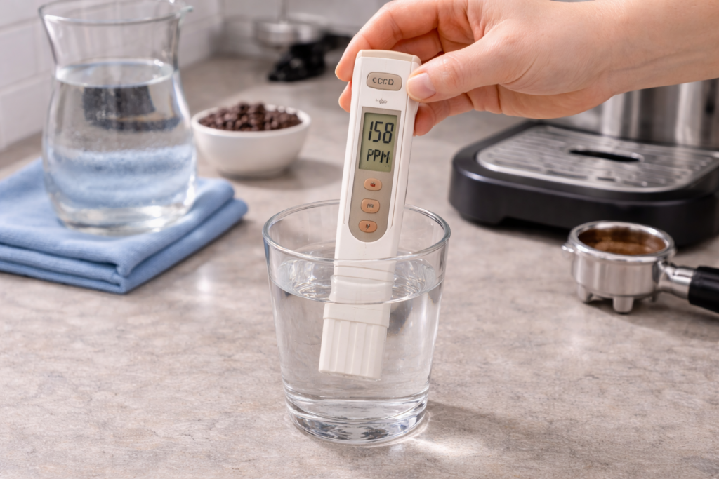 Espresso Machine Maintenance: The Complete Long-Term Care Guide for Home Espresso Machines 6 Measuring water hardness with a digital TDS meter above a glass of water for espresso brewing