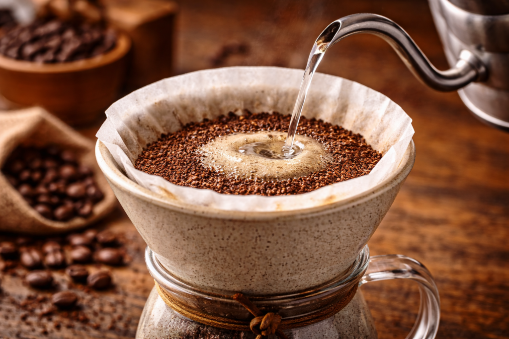 Grind Size Explained: The Complete Guide to Coffee Grind for Better Flavor (Espresso, Drip, Pour-Over & More) 7 Medium-fine coffee grounds being poured over with a gooseneck kettle
