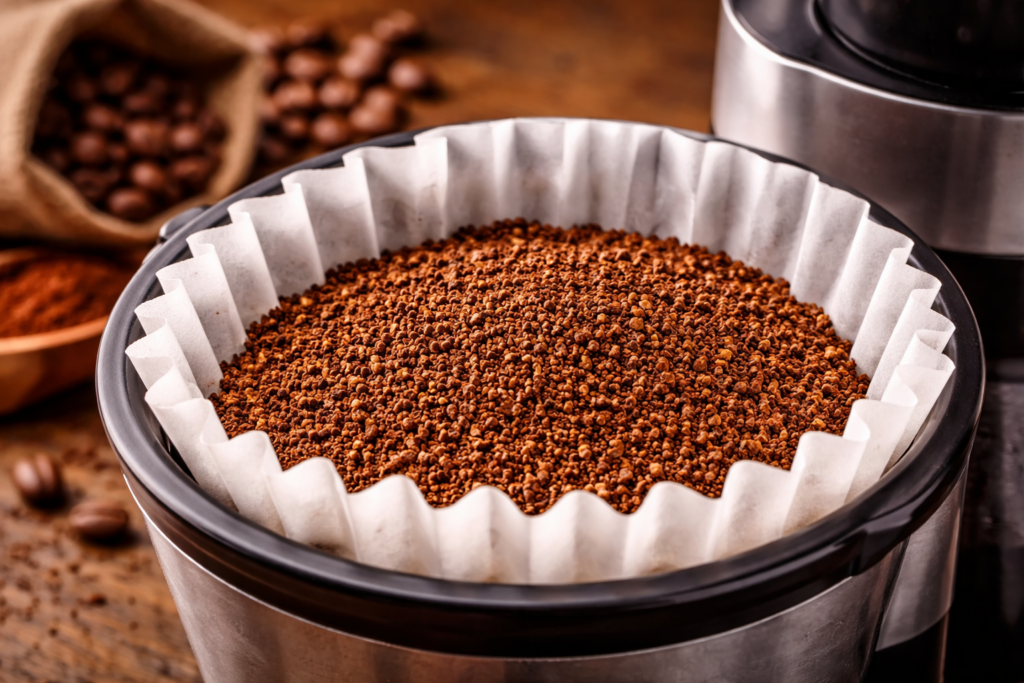 Grind Size Explained: The Complete Guide to Coffee Grind for Better Flavor (Espresso, Drip, Pour-Over & More) 6 Medium grind coffee in a paper filter for drip coffee