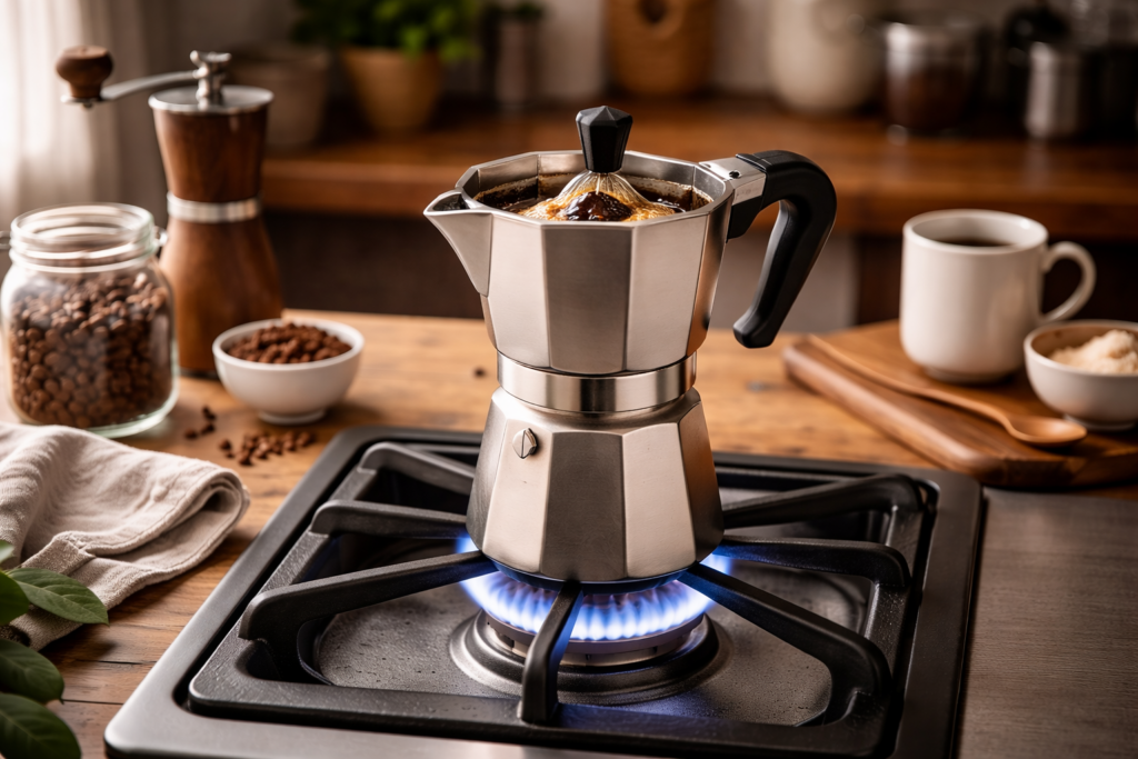 Best Coffee Brewing Methods for Beginners 6 Moka pot on stovetop brewing concentrated espresso-style coffee