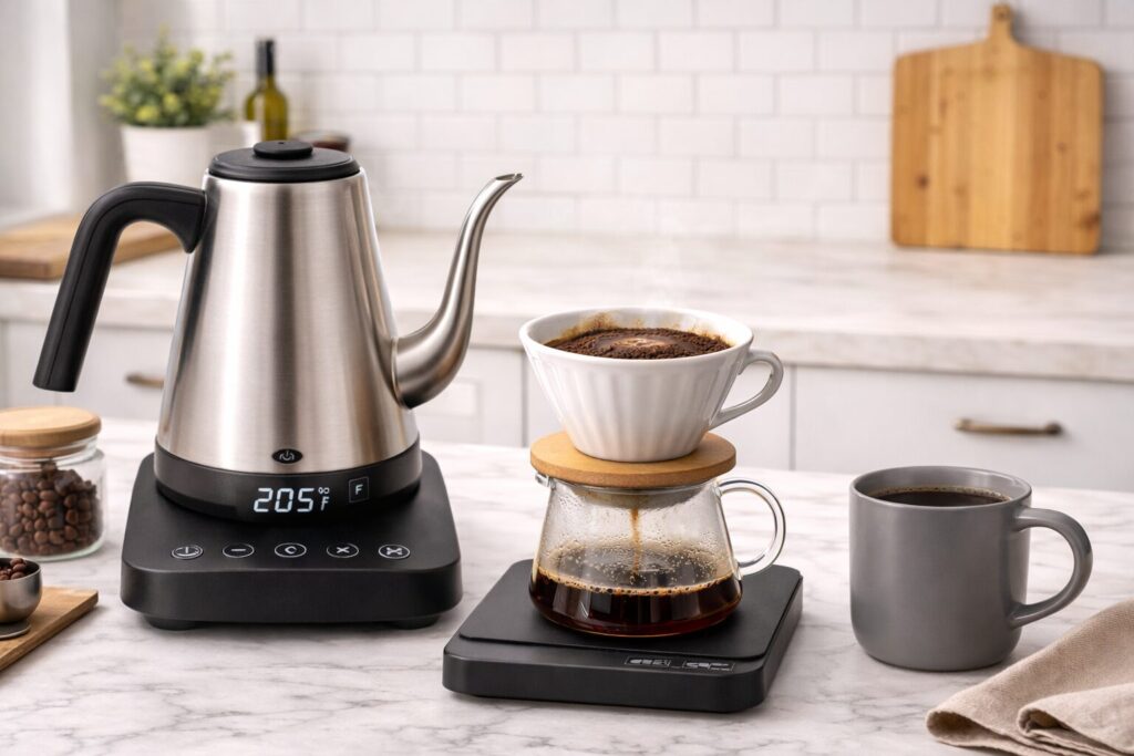 OXO adjustable temperature gooseneck kettle beside a pour-over dripper and coffee mug