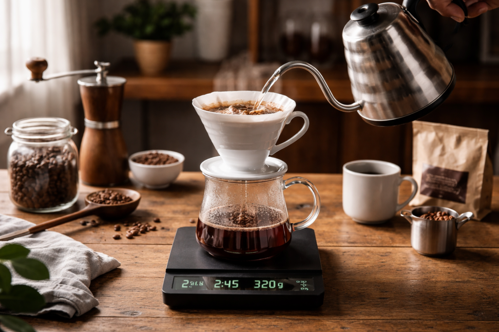 Best Coffee Brewing Methods for Beginners 4 Pour-over coffee setup with V60 dripper, gooseneck kettle, and scale showing precise brewing technique