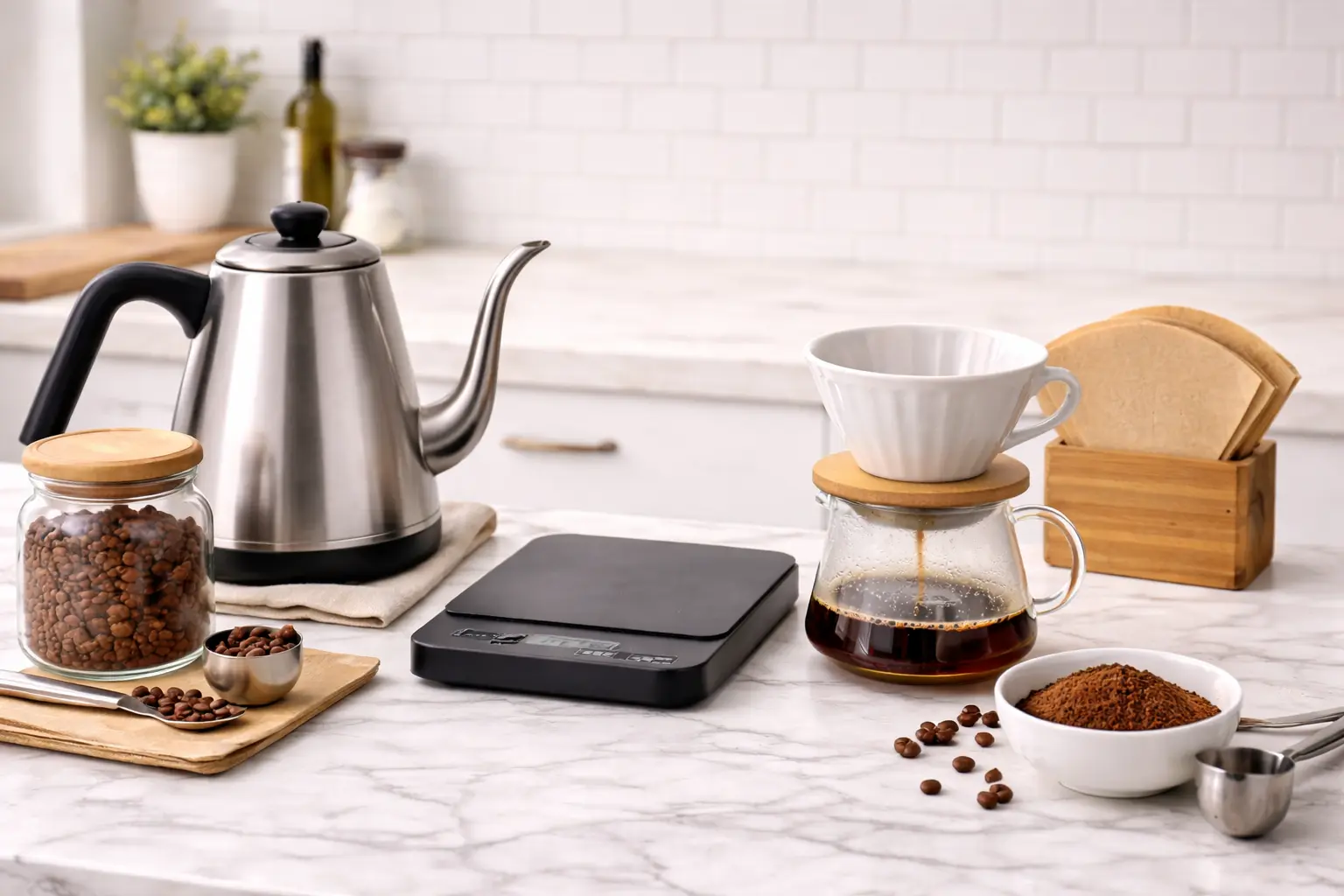 Pour-over setup with gooseneck kettle, coffee scale, dripper, and filters