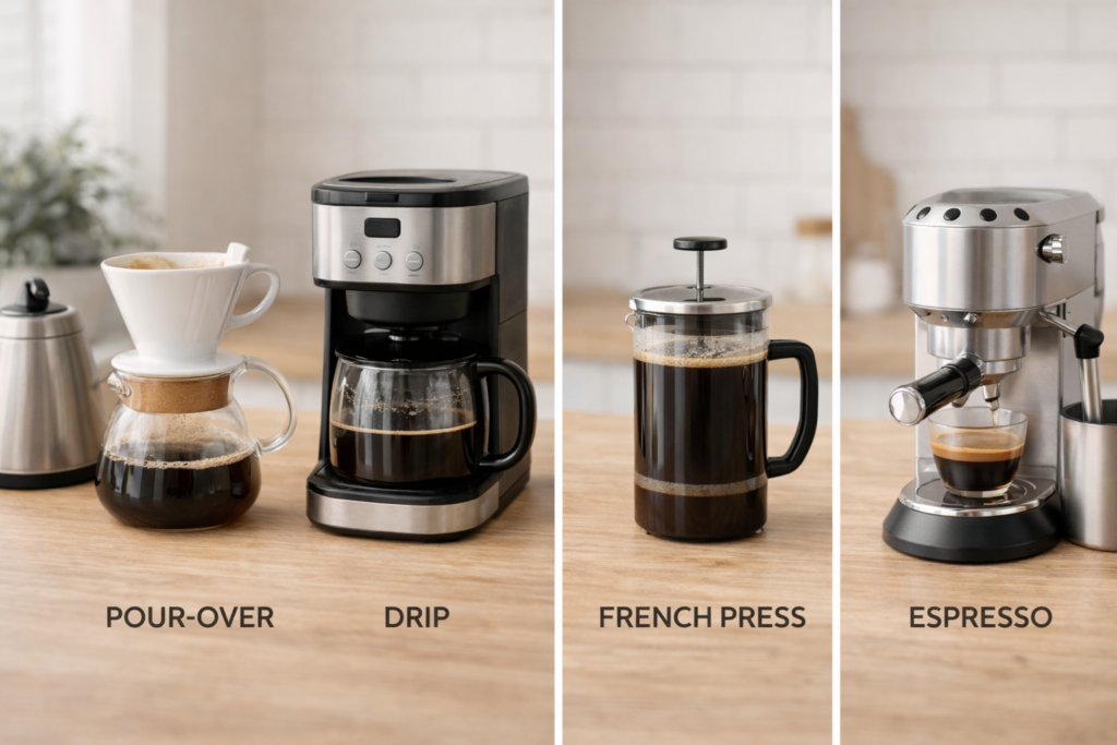 How to Dial In Coffee at Home (Step-by-Step Guide for Better Flavor) 5 Pour over drip french press and espresso setup showing different coffee brew methods for dialing in