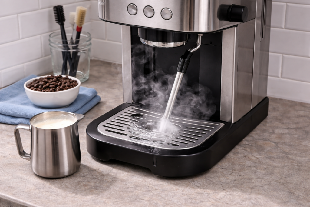 Espresso Machine Maintenance: The Complete Long-Term Care Guide for Home Espresso Machines 3 Purging espresso machine steam wand after frothing milk to prevent clogs