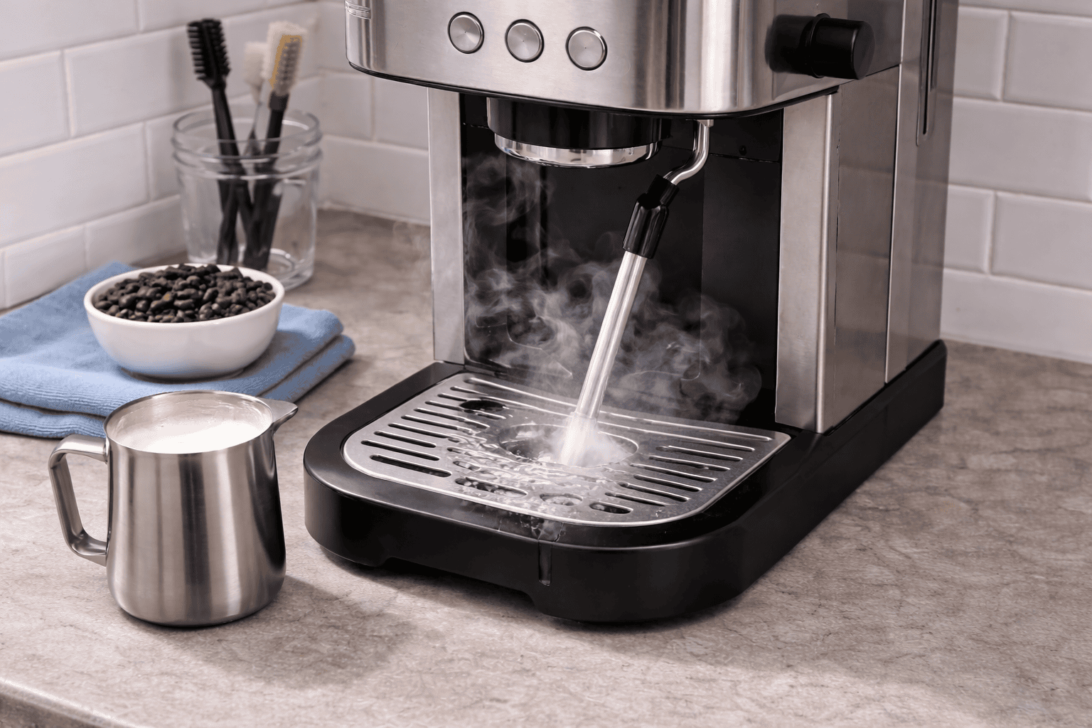 Purging an espresso machine steam wand after steaming milk