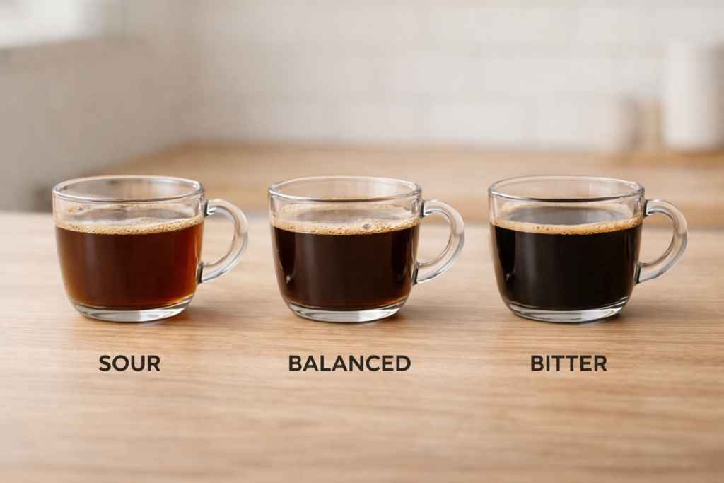How to Dial In Coffee at Home (Step-by-Step Guide for Better Flavor) 2 Simple visual showing coffee extraction stages from sour to balanced to bitter
