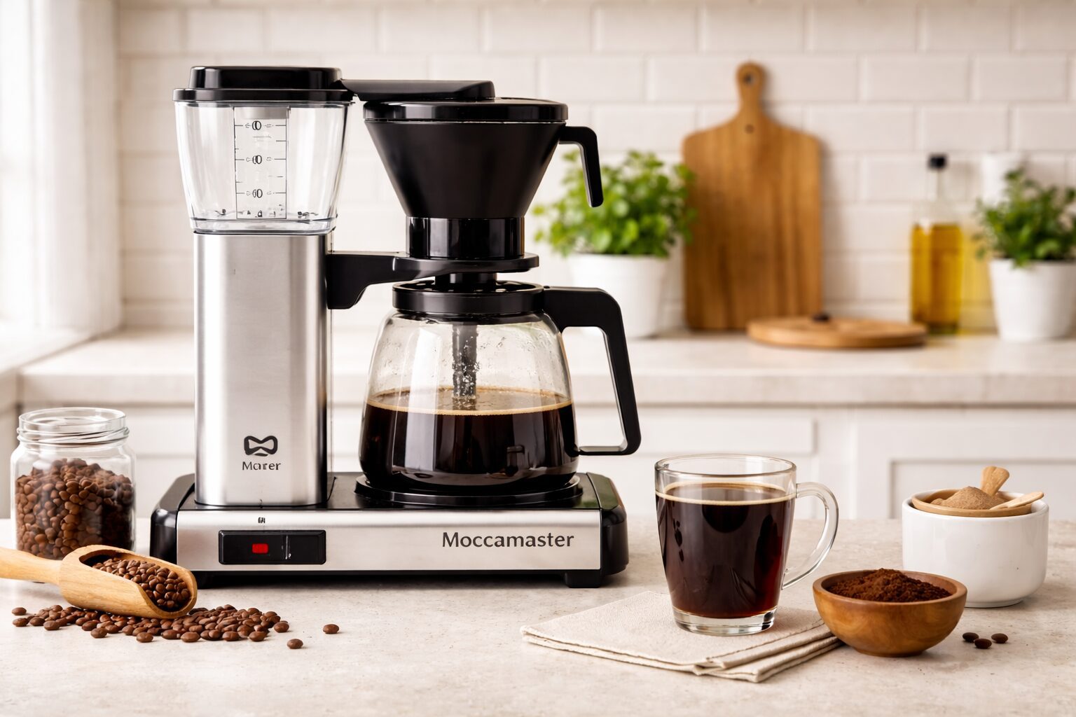 Moccamaster KBGV Select review: the Technivorm Moccamaster drip coffee maker on a kitchen countertop