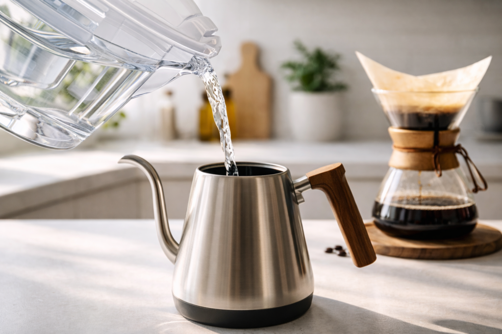 Water Quality for Coffee: How Water Chemistry Affects Flavor (Simple Guide) 3 Water filter pitcher pouring clear filtered water into a gooseneck kettle for coffee brewing