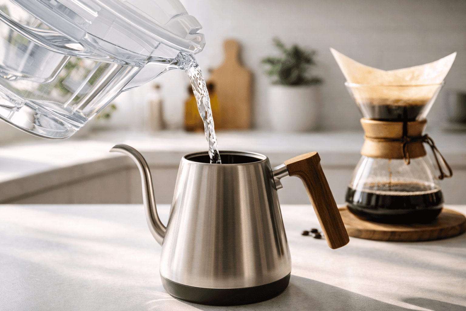 Water filter pitcher pouring filtered water into a gooseneck kettle