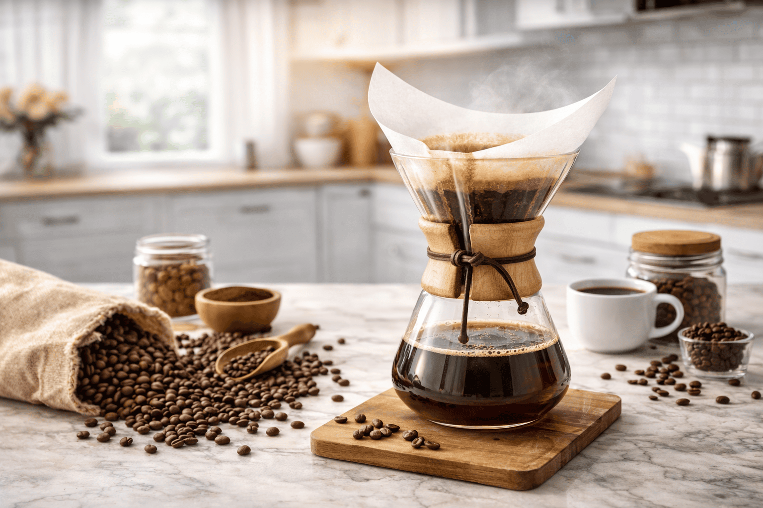 Chemex 6-cup glass pour-over coffee maker with wood collar