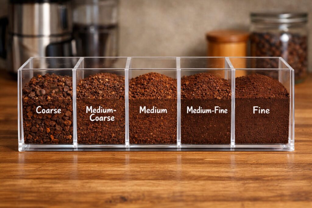 Grind Size Explained: The Complete Guide to Coffee Grind for Better Flavor (Espresso, Drip, Pour-Over & More) 3 Coffee grind sizes from coarse to fine in labeled containers