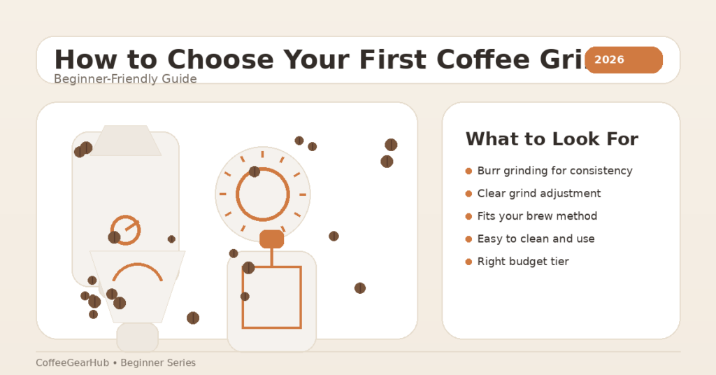 How to Choose Your First Coffee Grinder (Beginner-Friendly Guide) 7 Beginner coffee grinder guide featured image with a montage of a burr grinder, burr icon, pour-over dripper, and French press.