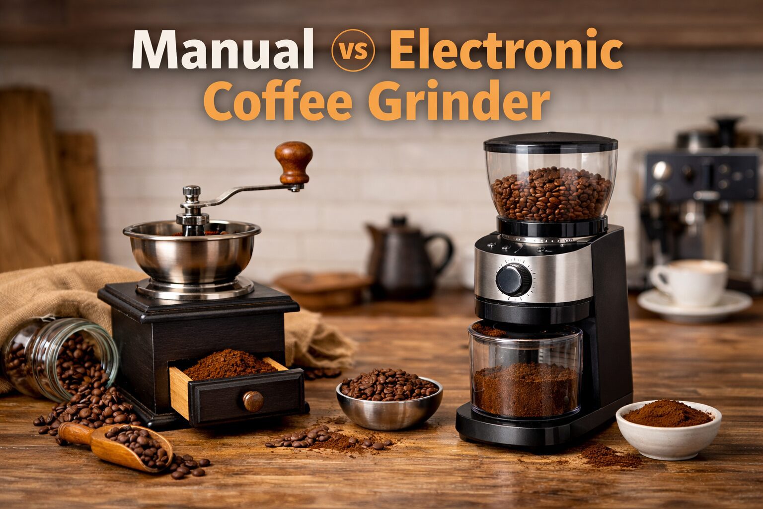 Manual burr grinder used beside an electric grinder comparison setup