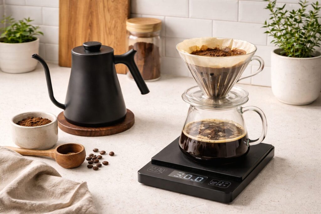 V60 vs Chemex vs Kalita Wave: A Deep, Practical Comparison for Real Home Brewing 1 pour over coffee brewing setup with kettle, scale, and dipper on a kitchen counter