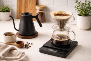 V60 vs Chemex vs Kalita Wave: A Deep, Practical Comparison for Real Home Brewing 4 pour over coffee brewing setup with kettle, scale, and dipper on a kitchen counter