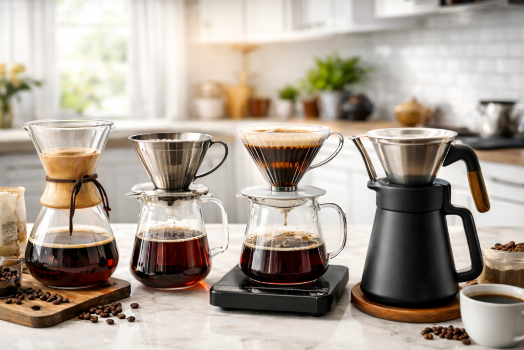 Best Pour-Over Coffee Makers 1 pour over coffee makers and brewing setup on kitchen counter
