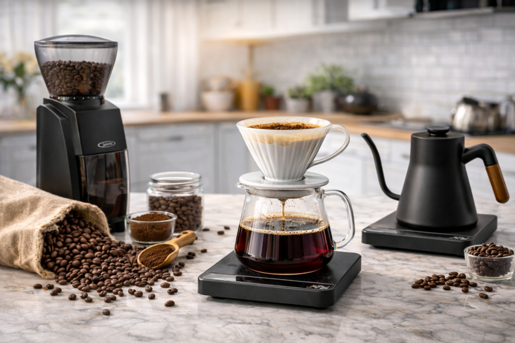 Best Pour-Over Coffee Makers 8 pour over coffee setup with grinder kettle and scale