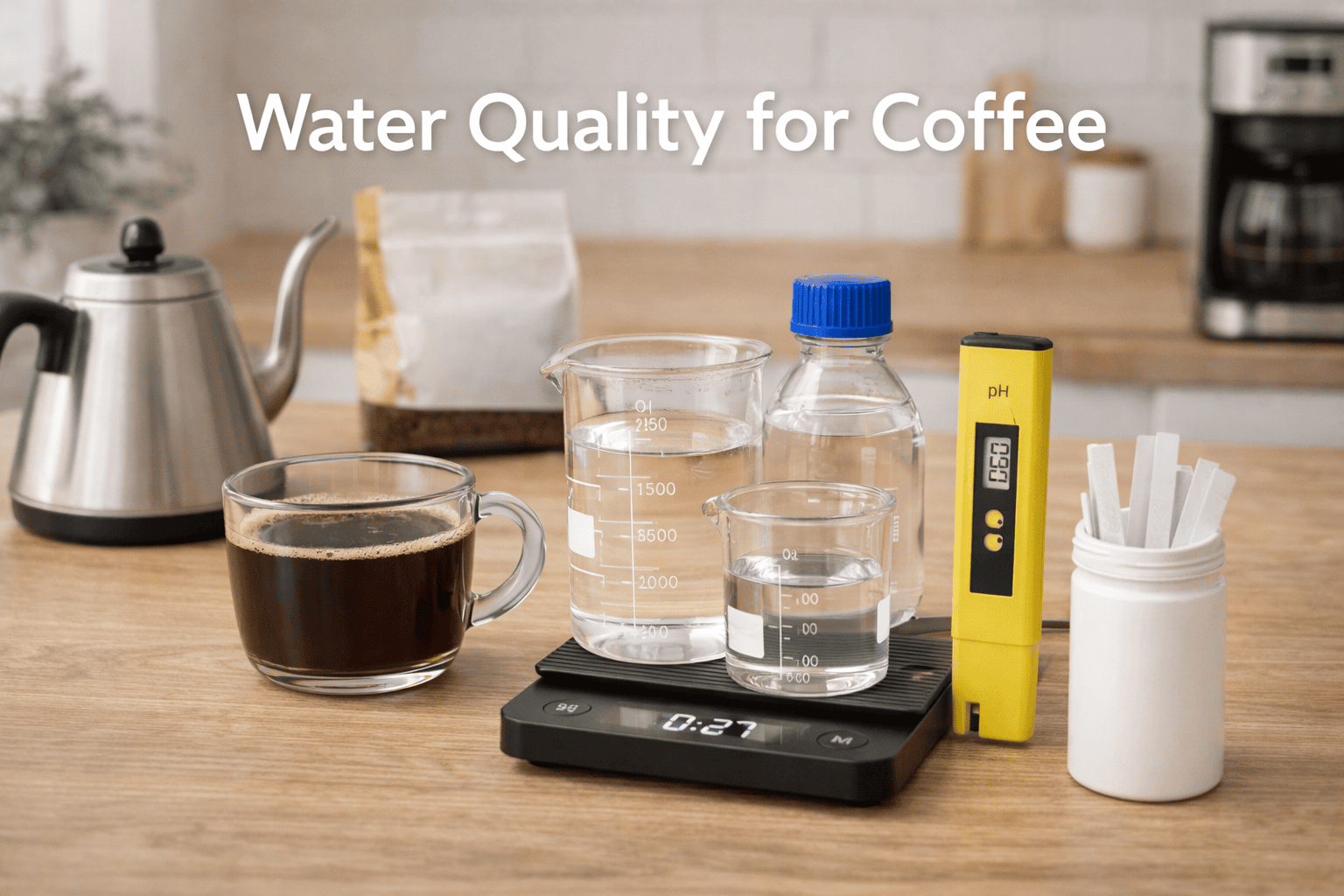 Coffee brewing water quality guide with glassware and brewing equipment