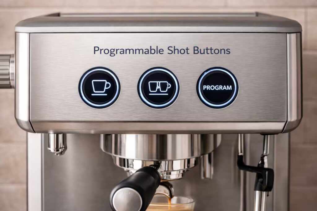 Espresso Machine Types Explained 12 Automatic espresso machine front panel showing programmable shot buttons