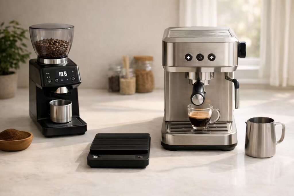 How to Dial In Coffee at Home (Drip, Pour-Over, Espresso) 13 Beginner espresso setup with espresso machine, grinder, scale, and milk pitcher on a clean kitchen counter