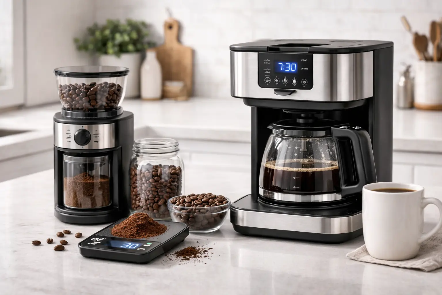 Home coffee setup with burr grinder, whole beans, scale, and drip coffee maker
