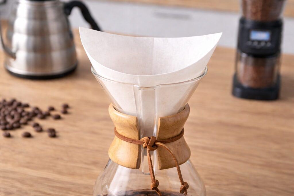 Pour-Over Filters Compared (V60 vs Kalita Wave vs Chemex): Taste, Flow Rate, and What to Buy 5 Chemex bonded square filter folded and placed into a Chemex brewer