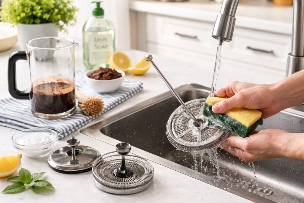 How to clean French press: Cleaning a French press plunger and mesh filter assembly on a bright kitchen counter