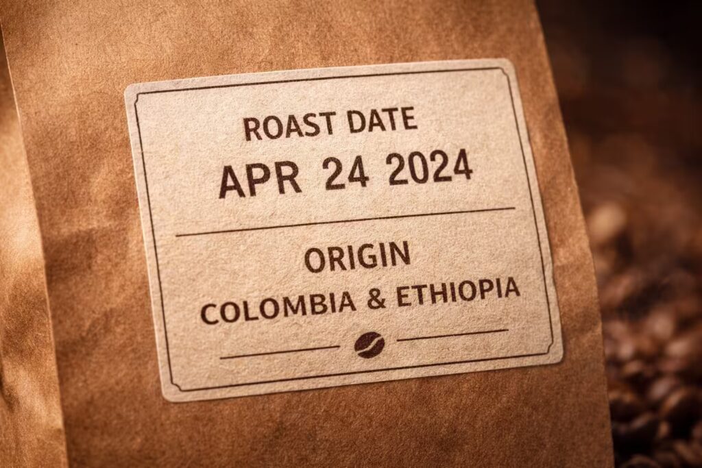 The Ultimate Coffee Bean Buying Guide 7 Close-up of a coffee bag showing roast date and origin details