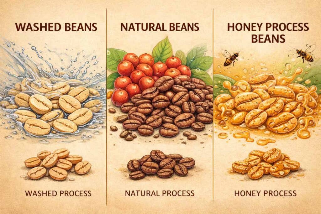 The Ultimate Coffee Bean Buying Guide 8 Coffee processing methods illustration: washed, natural, and honey process beans