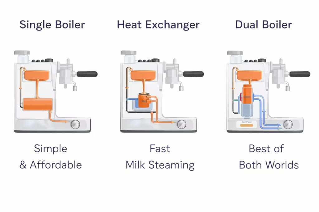 Espresso Machine Types Explained 6 Diagram showing single boiler vs heat exchanger vs dual boiler espresso machine layouts