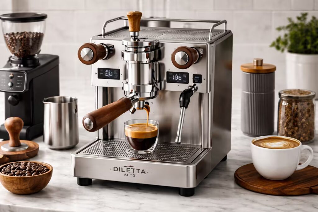 Diletta Alto espresso machine with flow control brewing espresso on a kitchen counter