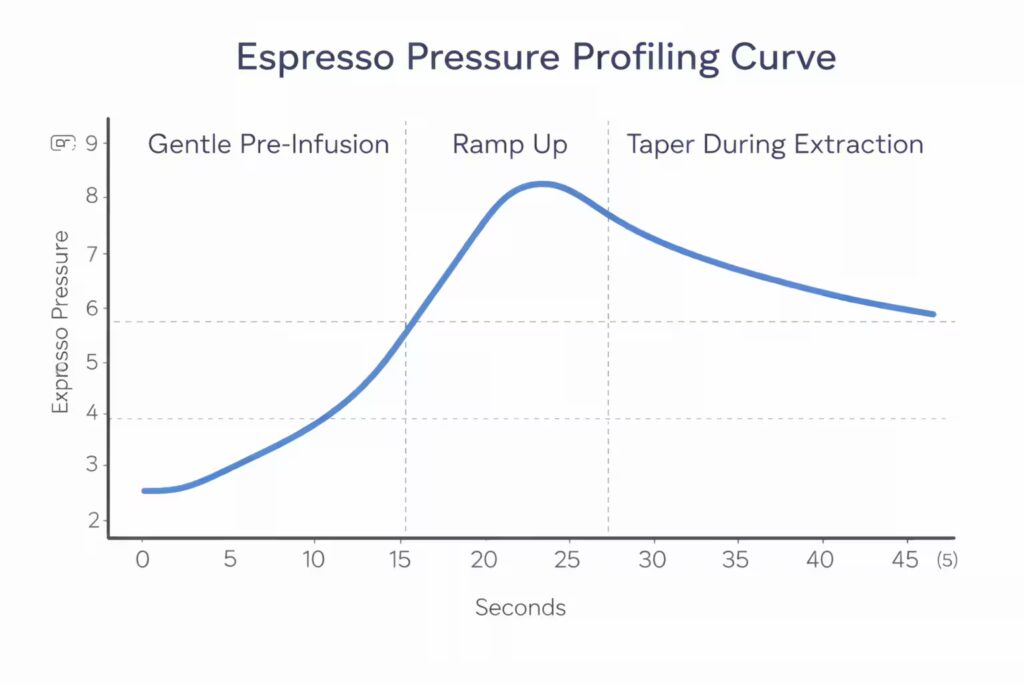 Espresso Machine Types Explained 8 Espresso pressure profiling curve graph showing gentle pre-infusion, ramp up, and taper during extraction